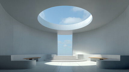 An architectural marvel with a skyward view, boasting a circular opening and minimalist design