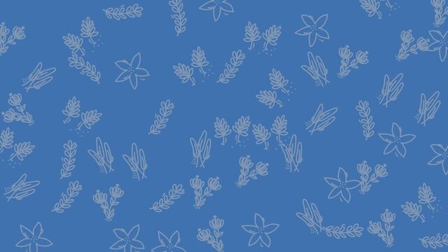 White plant and flower patterns on blue background. Perfect for botanical design projects, spring concepts, or naturethemed decor.