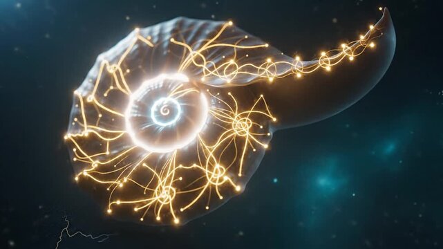A detailed digital illustration features a glowing nautilus with radiating golden energy in space