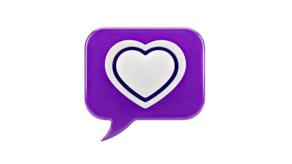 3D Purple speech bubble with white heart icon on transparent background