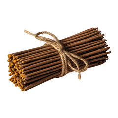 A rustic bundle of traditional brown incense sticks tightly secured with natural jute twine on transparent background