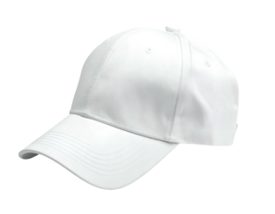 Isolated, pristine white baseball cap with curved visor, black background