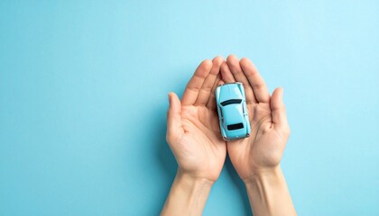 Hands cradle a miniature blue car against a vibrant blue backdrop