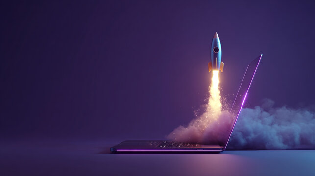 3D Rocket Launching from a Laptop for Startup Success Concept