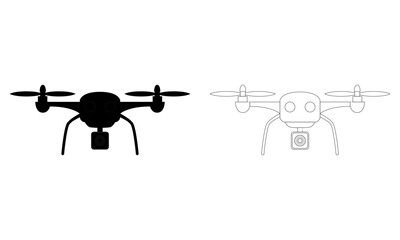 Front view of a drone shown in two styles consist of solid black silhouette and clean outline line art. Vector Simple Illustration.