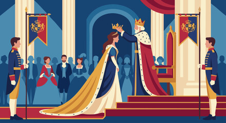Princess at Coronation Ceremony A flat vector illustration of a princess being crowned or standing during a royal ceremony. Attendants and banners visible.  © WealthyMinion
