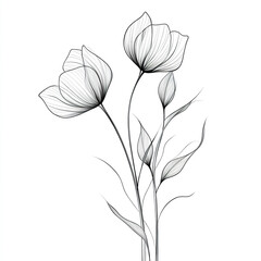 Obraz premium Minimalist floral sketch with elegant curved lines showing two delicate flowers and slender leaves, creating graceful and artistic botanical design in black and white