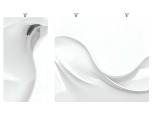 Two art prints displaying abstract white wave forms, hung with clips