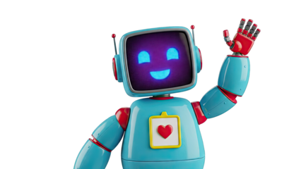 Friendly waving blue robot with a heart emblem and screen face