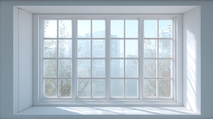 A window with a view to the outside world, framed by a white sill and mullions. The window provides a glimpse of the cityscape and trees outside