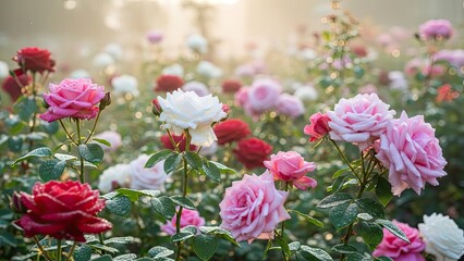 Beautiful pink and red roses blooming in a lush green garden with soft natural light with flowers and floral and pink roses and soft light and blossom