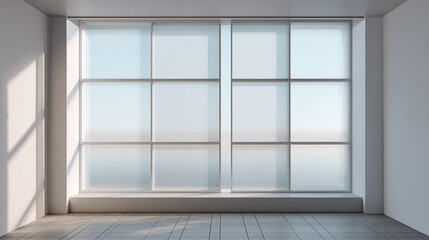 A modern window framing the clear blue sky, casting shadows on the empty interior