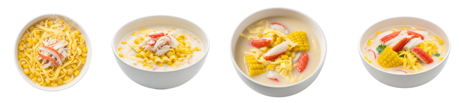 Four bowls of corn chowder with imitation crab meat and noodles in a white bowl arrangement on transparent background