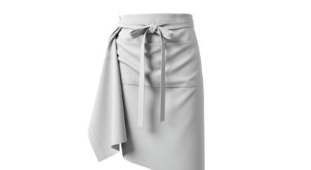 A draped apron in pale gray with a tied waist and pocket