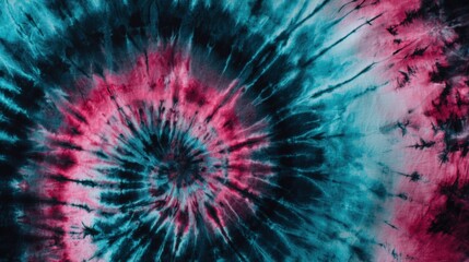 Vibrant teal, pink, and black tie-dye fabric showcasing a mesmerizing spiral pattern texture background