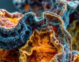 Intricate, colorful, textured microscopic biological structure