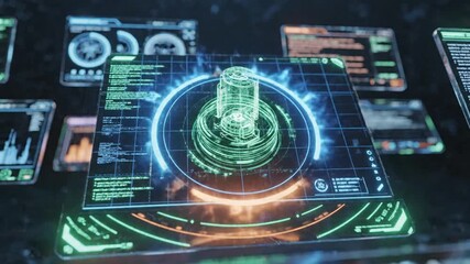 Futuristic screens displaying data analysis and information, with neon lines and digital displays - Powered by Adobe