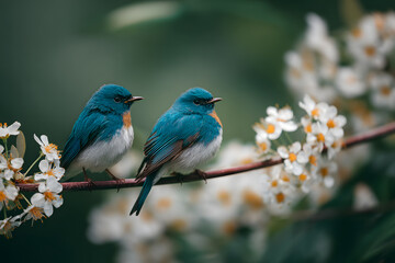 Obraz premium two blue and white birds sitting on a branch of a tree