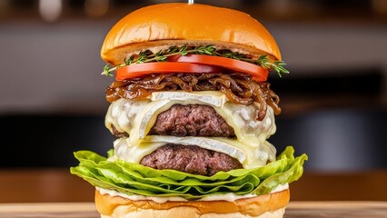 Giant double cheeseburger with melted cheese lettuce tomato and herbs on a toasted bun with giant burger and fast food and restaurant meal and delicious and tasty