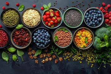 Colorful assortment of healthy ingredients in bowls on dark surface