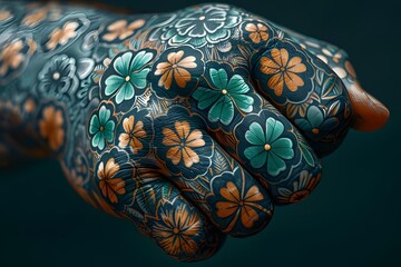 Colorful Floral Hand with Intricate Patterns and Vibrant Details