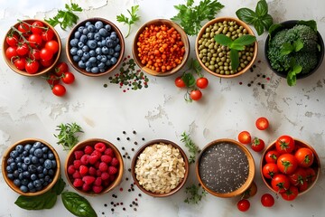 Colorful Fresh Fruits and Vegetables in Bowls on Tabletop Display
