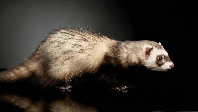 Studio shot capturing the essence of a domestic ferret exploring its surroundings against a dark backdrop