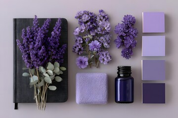 Elegant Purple Color Palette with Flowers and Craft Supplies