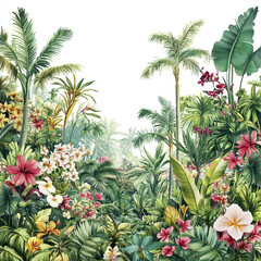 Fototapeta premium Vibrant tropical jungle scene filled with lush green palm trees, exotic flowers in pink, white, and yellow, and dense foliage creating lively and colorful natural environment
