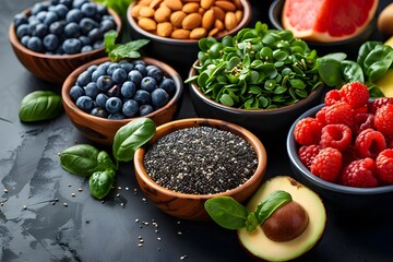 Fresh and Healthy Superfoods in Colorful Bowls on Dark Surface
