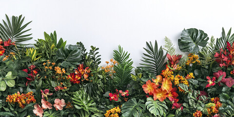 Fototapeta premium Vibrant tropical jungle scene with lush green leaves and exotic orange, red, and yellow flowers creating lively and colorful natural border against white background
