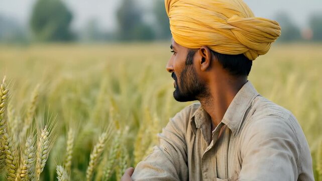 Young Indian farmer stands proudly among green wheat fields during golden hour, showcasing the beauty of agriculture and dedication to his work