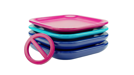 Stack of colorful trays with a pink prohibition sign