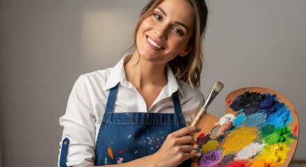Smiling artist holding paint palette isolated on white background isolated on white background