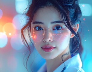 Captivating young woman embodying technological innovation and future vision, adorned with glowing digital glasses in a dynamic, bokeh-filled sci-fi environment