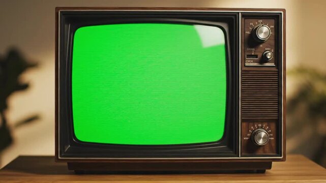 A hand adjusting a knob on a vintage brown television displaying a perfectly clean, bright green screen.
