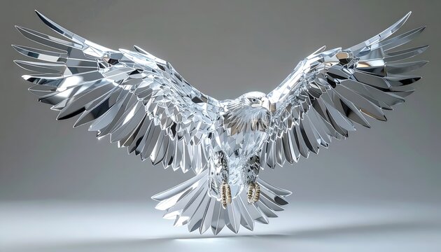 Shiny, detailed eagle sculpture with widespread wings against a gray backdrop