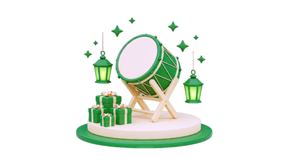 Ramadan Drum and Gifts with Green Lanterns and Stars