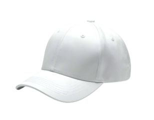Solid white baseball cap, angled, with curved visor and structured panels
