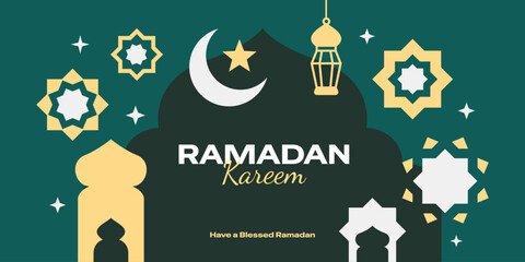 Modern Ramadan Kareem design background with mosque and islamic geometric decorative elements