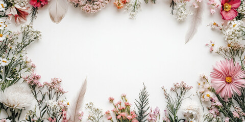 Delicate bohemian floral frame with wildflowers and feathers arranged around white background, creating soft and natural decorative border with pink and white tones
