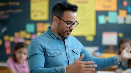 Engaging teacher confidently instructing students in a vibrant classroom setting filled with educational materials