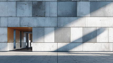 A Modern architectural exterior view with strong shadows casting over the facade. The entrance is open and inviting, with a glimpse of interior design