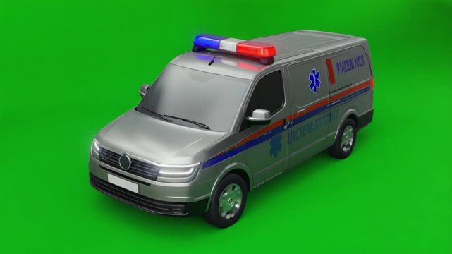 A silver ambulance van with flashing lights on a green background video