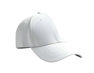 A clean white baseball cap sits isolated against a dark backdrop