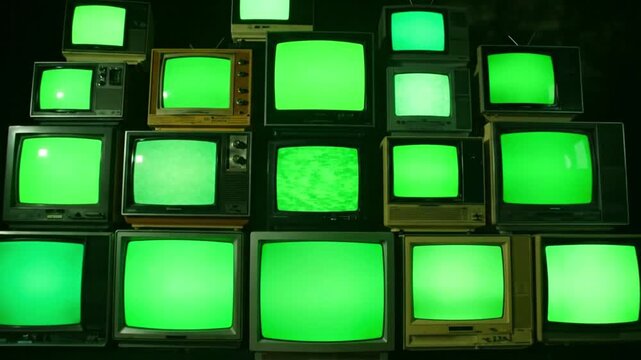 Multiple vintage televisions stacked, with each screen displaying a vibrant green green chroma key background for compositing.