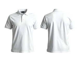 Front and back views of a plain white polo shirt on a transparent background
