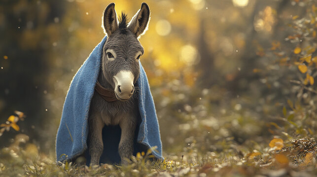 Charming donkey wearing blue cloak stands in softly lit autumn forest, surrounded by warm golden leaves and peaceful atmosphere, creating whimsical and serene scene