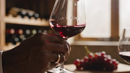 Hand swirls red wine in a glass showcasing its color and aroma with grapes in the foreground.