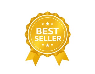 A golden award badge with a serrated edge, three stars, and the words "BEST SELLER" in the center. Includes ribbons